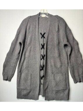 Hem & Thread Women's S gray Cable Knit Cardigan Sweater Lace Up Boho Long